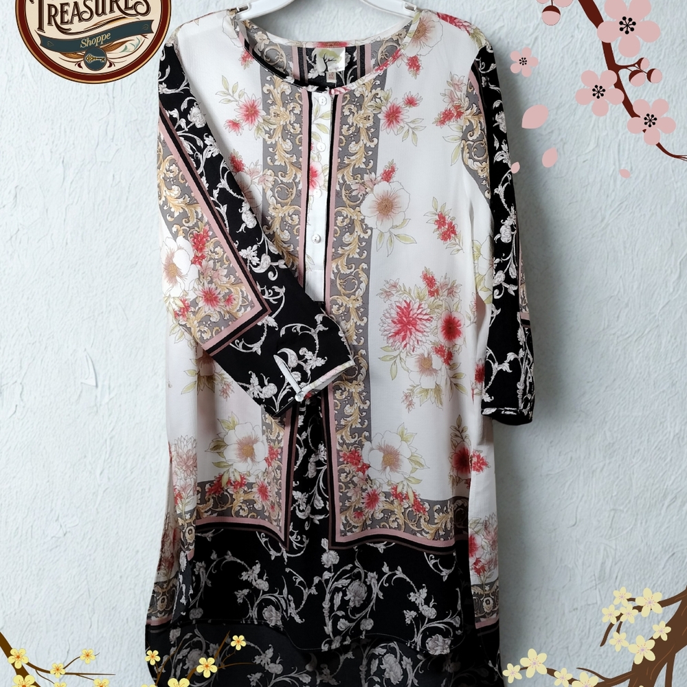 FIG & FLOWER ANTHROPOLOGIE Tunic Top XL BOHEMIAN Floral Button Front Excellent